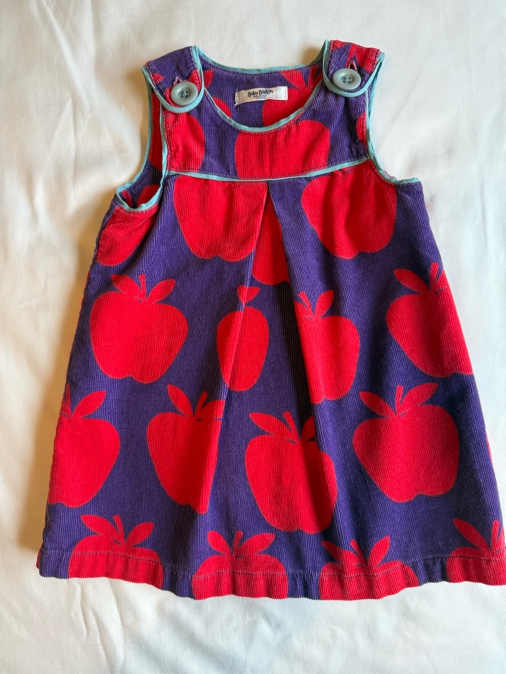 Baby Boden Purple Corduroy Dress with Red Apple Motif
